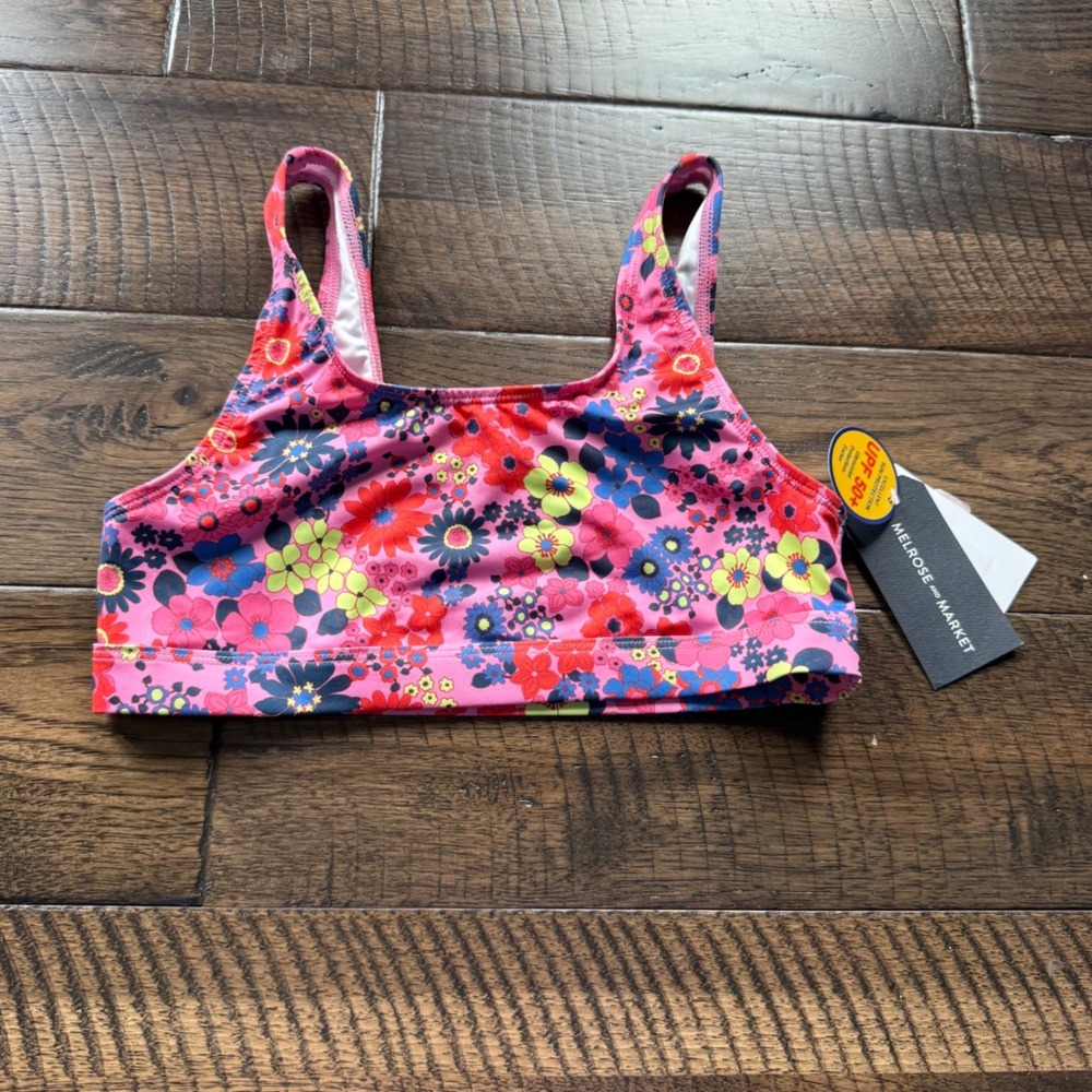 Melrose‎ and Market Girls Floral Bikini Swim Top UPF 50+ Pink Multi Size 12 NWT